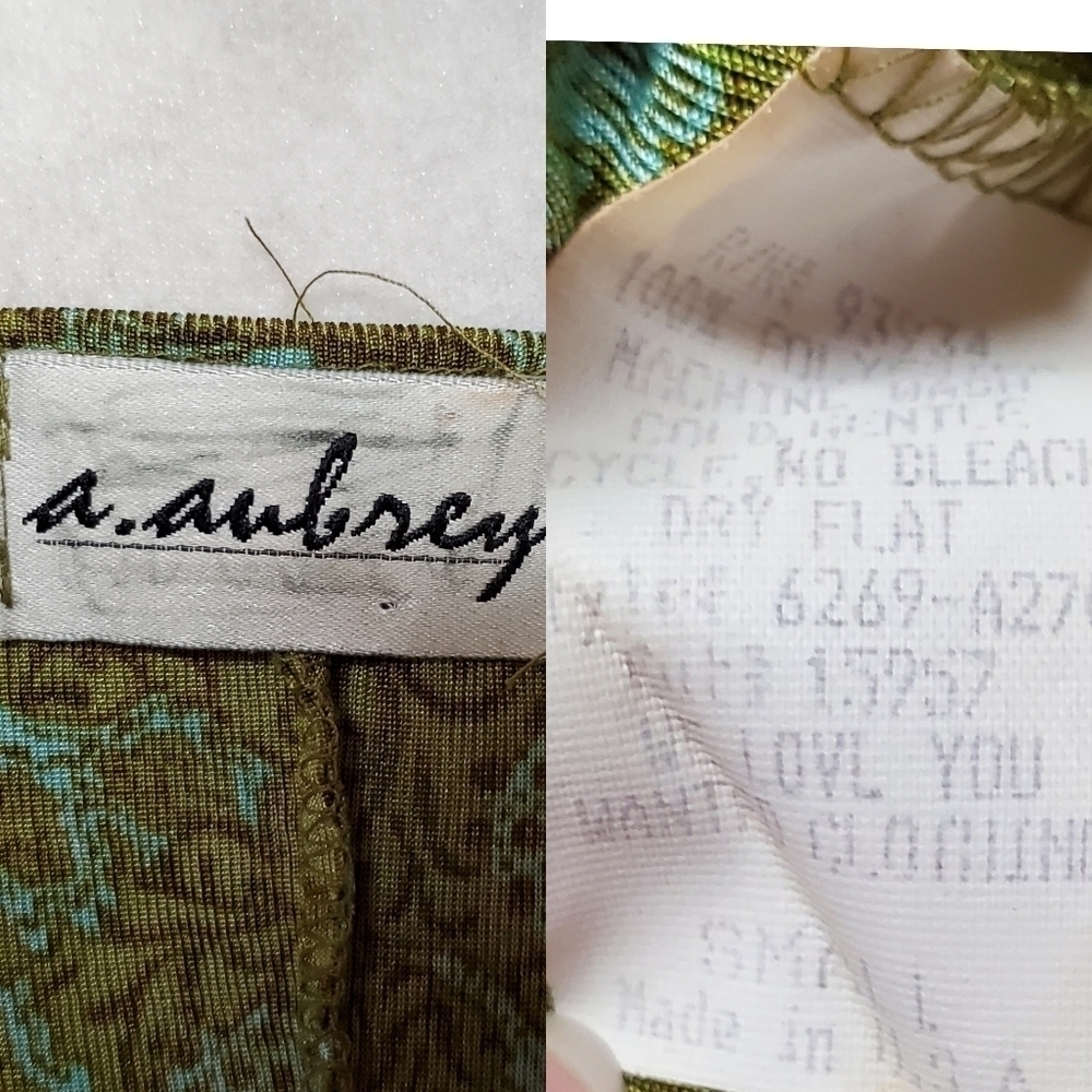 VINTAGE A. Aubrey Green Paisley Stretchy Pin-up Tie Bust Midi Bodycon Dress S - Picture 16 of 16